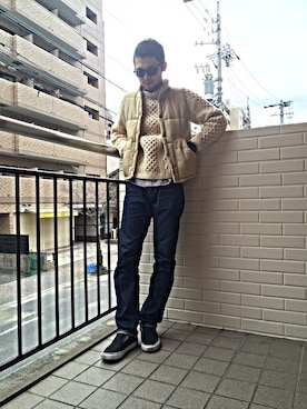 「WOOLRICH（ウールリッチ）のアイテム（ダウンベスト）」を使った、TAKEさん（メンズ・180cm）の冬コーディネート