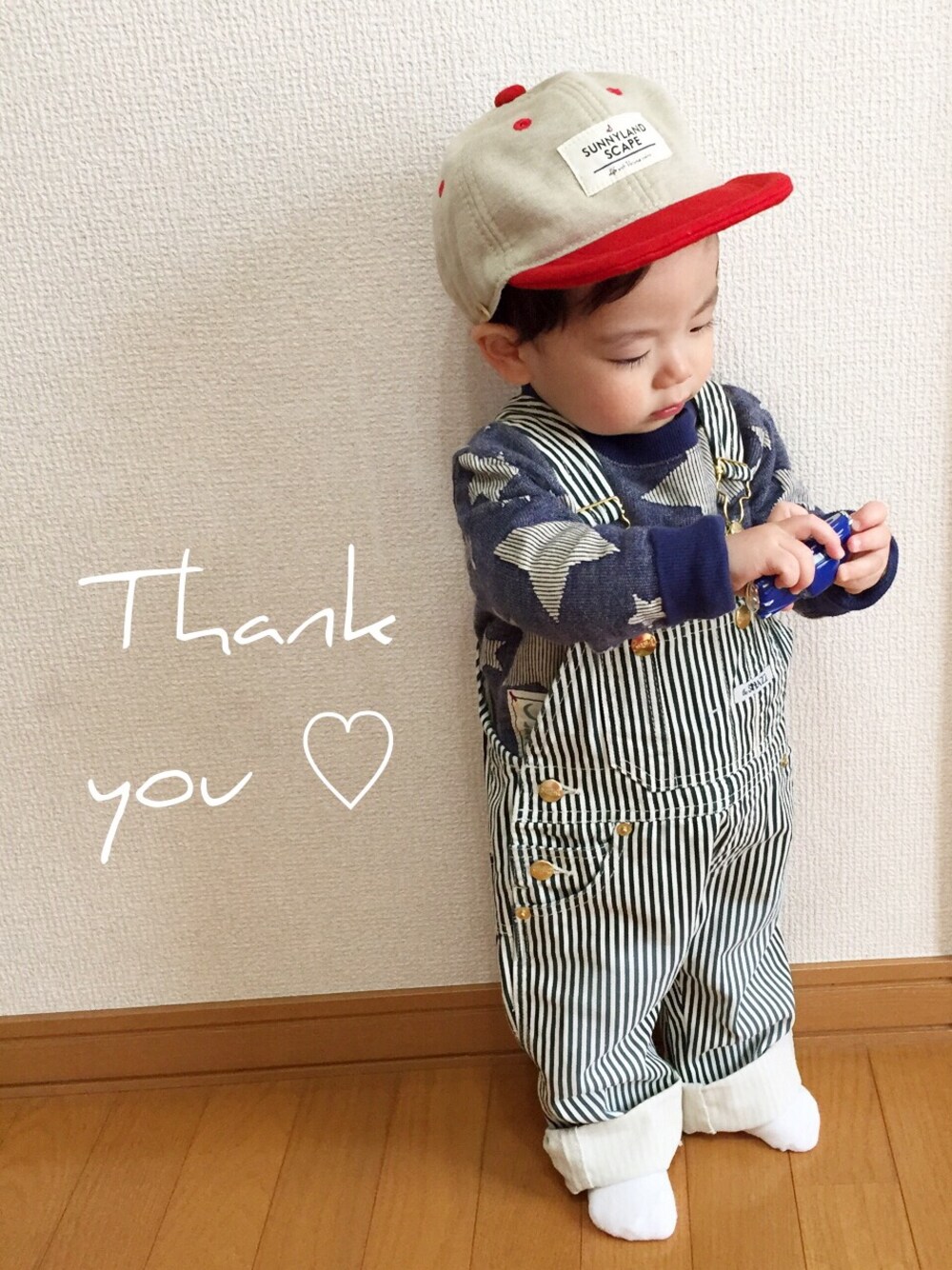 「2014年、ラストWEAR、オーバーオール、ヒッコリー、星柄、柄×柄、バイカラー」｜「apres les coursのアイテム（サロペット/オーバーオール、ブルー系）」を使った、__narukoさん（キッズ・80cm）の冬コーディネートの1枚目の写真