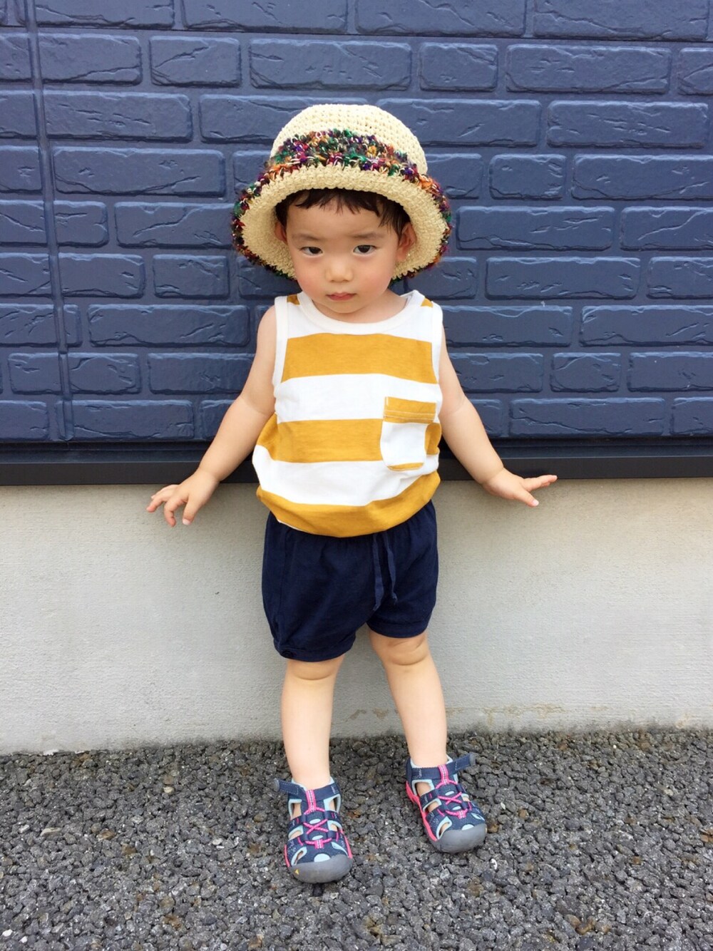 「男の子、キッズコーデ、しましま、kids、かぼちゃパンツ、サンダル、ZOZO夏セール2015」｜「BRANSHESのアイテム（ハット、ベージュ系）」を使った、__narukoさん（キッズ・80cm）の夏コーディネートの1枚目の写真