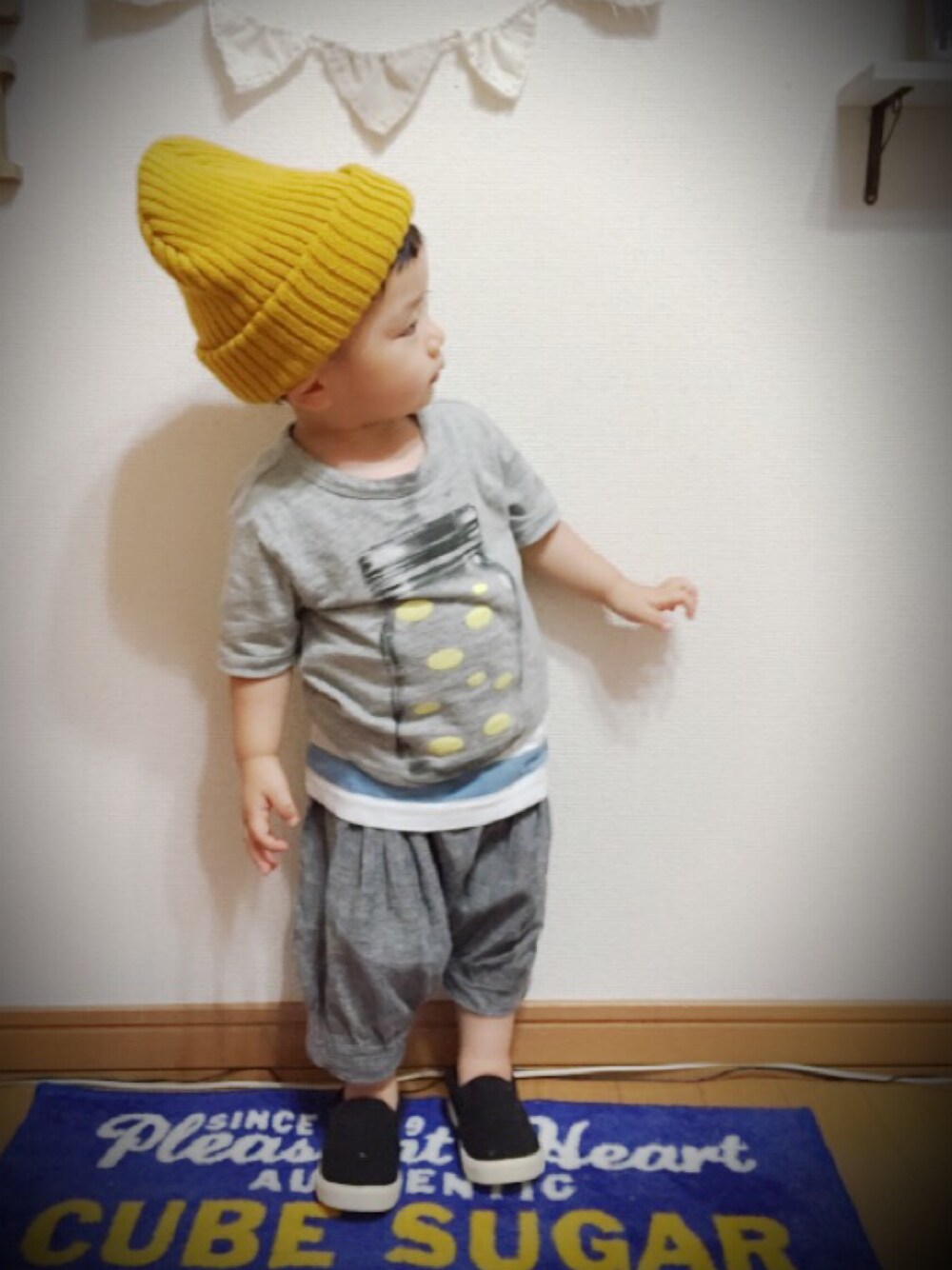 「ニット帽、ハンドメイド、スリッポン、グレー、1歳、インナーチラ見せ」｜「babyGAPのアイテム（Tシャツ/カットソー、グレー系）」を使った、__narukoさん（キッズ・80cm）の夏コーディネートの1枚目の写真