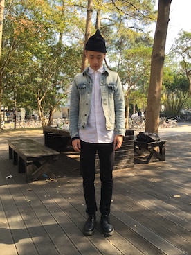「Abercrombie&Fitch（アバークロンビーアンドフィッチ）のアイテム（デニムジャケット）」を使った、Jonathan kang さん（メンズ・178cm）の冬コーディネート