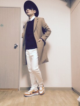 「白シャツ×ニット」｜「アイテム（チェスターコート）」を使った、Syouさん（メンズ・170cm）の秋コーディネート