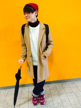 「黒タートルネック」｜「アイテム（チェスターコート）」を使った、Syouさん（メンズ・170cm）の冬コーディネート