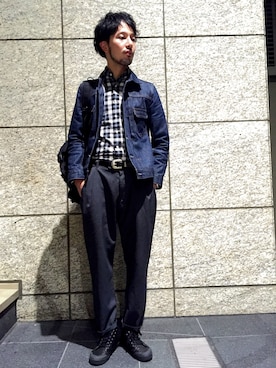 「mando（マンド）のアイテム（スラックス）」を使った、mo_jya_taさん（メンズ・178cm）の秋コーディネート