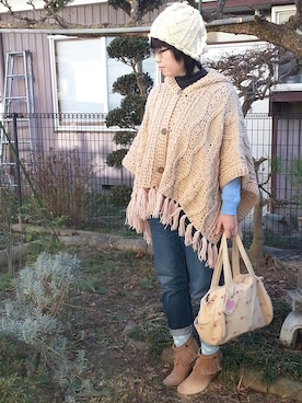 「Handmade（ハンドメイド）のアイテム（ポンチョ）」を使った、ちよこさん（レディース・164cm）の冬コーディネート