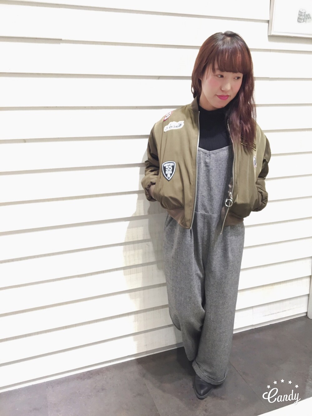 「AS KNOW AS PINKY、MA-1、サロペット」｜「AS KNOW AS PINKYのアイテム（ミリタリージャケット、グリーン系）」を使った、mari＊さん（レディース・154cm）の秋コーディネートの1枚目の写真