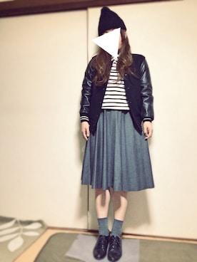 「ボーダーニット」｜「アイテム（スタジャン）」を使った、Ayumi0720さん（レディース・156cm）の冬コーディネート