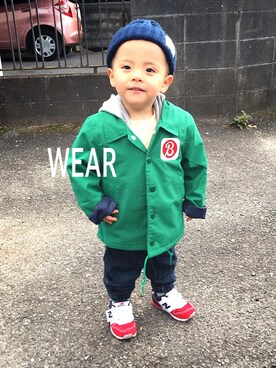 「アイテム（ナイロンジャケット、グリーン系）」を使った、3taさん（キッズ・80cm）の冬コーディネート