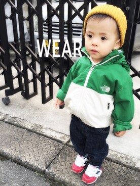 「アイテム（ナイロンジャケット、グリーン系）」を使った、3taさん（キッズ・80cm）の冬コーディネート