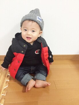 「babygap」｜「アイテム（ダウンベスト）」を使った、3taさん（キッズ・80cm）の秋コーディネート