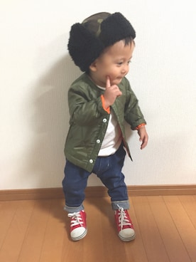 「西松屋（ニシマツヤ）のアイテム（ノーカラージャケット）」を使った、3taさん（キッズ・100cm）の冬コーディネート