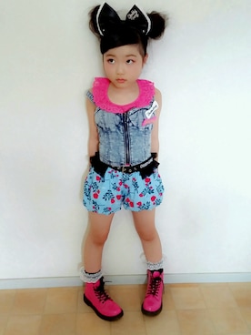 「CHUBBYGANG（チャビーギャング）のアイテム（タンクトップ、ピンク系）」を使った、kizuna さん（キッズ・126cm）の春コーディネート