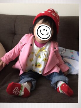 「GAP（ギャップ）のアイテム（ライダースジャケット）」を使った、arisazakiさん（キッズ・70cm）の秋コーディネート