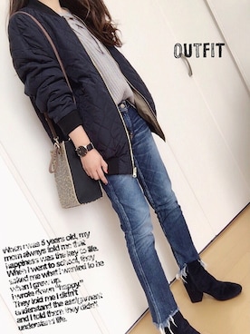 「Ungrid（アングリッド）のインディゴフレイドヘムストスリ（デニムパンツ）」を使った、めるもさん（レディース・158cm）の秋コーディネート