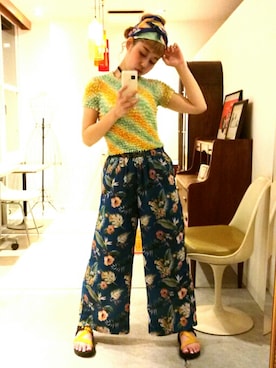 「no brand（ノーブランド）のポップコーントップス（トップス、イエロー系）」を使った、sho-ko さん（レディース・161cm）の夏コーディネート