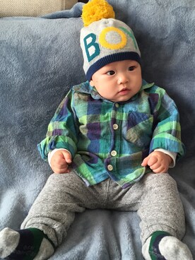 「アイテム（ママ＆ベビー、グリーン系）」を使った、AKITOさん（キッズ・60cm）の秋コーディネート