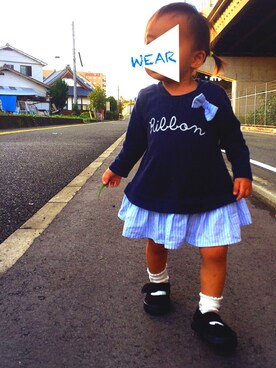 「apres les cours（アプレレクール）のリボン裾フリルチュニックTシャツ （7分袖）（Tシャツ/カットソー、ブルー系）」を使った、☻⋆*✩   yume     ☻⋆*✩さん（キッズ・80cm）の秋コーディネート