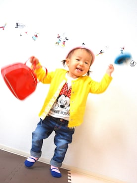 「Handmade（ハンドメイド）のアイテム（帽子、ピンク系）」を使った、☻⋆*✩   yume     ☻⋆*✩さん（キッズ・80cm）の秋コーディネート