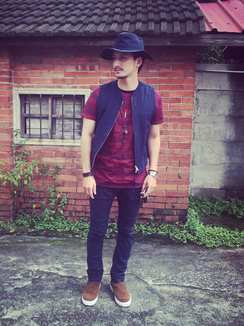 「nonnative、navy、Taichung、Taiwan」｜「nonnativeのアイテム（帽子、ブルー系）」を使った、彭博劭さん（メンズ・175cm）の夏コーディネートの1枚目の写真