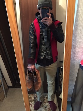 「Gジャン」｜「アイテム（スタジャン）」を使った、さくさくさん（メンズ・169cm）の冬コーディネート