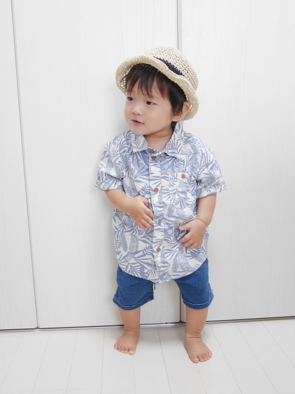 「夏コーデ、おとこのこ、０歳、11ヶ月、子供カッコイイ、manmaru.a、アロハシャツ」｜「manmaru.aのアイテム（ハット、ベージュ系）」を使った、Ｋ×Ｓ˙ᵕ˙♡さん（キッズ・70cm）の夏コーディネートの1枚目の写真