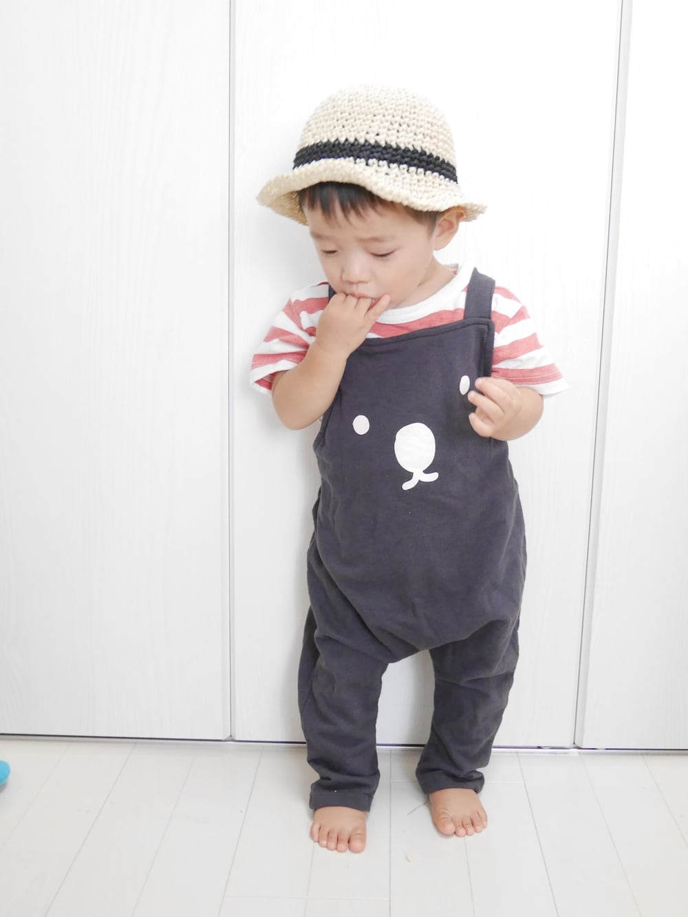 「おとこのこ、1歳、1歳1ヶ月、子供カッコイイ、リンクコーデし隊。」｜「manmaru.aのアイテム（ハット、ベージュ系）」を使った、Ｋ×Ｓ˙ᵕ˙♡さん（キッズ・70cm）の夏コーディネートの1枚目の写真