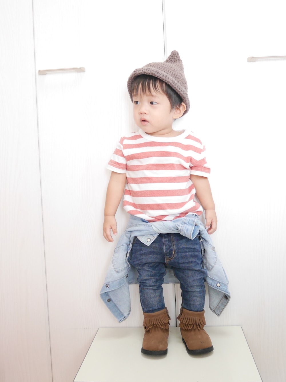 「ちびウォーリーし隊。、カジュアルコーデ、1歳、1歳3ヶ月、おとこのこ、子供カッコイイ、yota25、リンクコーデし隊。」｜「yota25のアイテム（ニットキャップ/ビーニー、ブラウン系）」を使った、Ｋ×Ｓ˙ᵕ˙♡さん（キッズ・70cm）の秋コーディネートの1枚目の写真