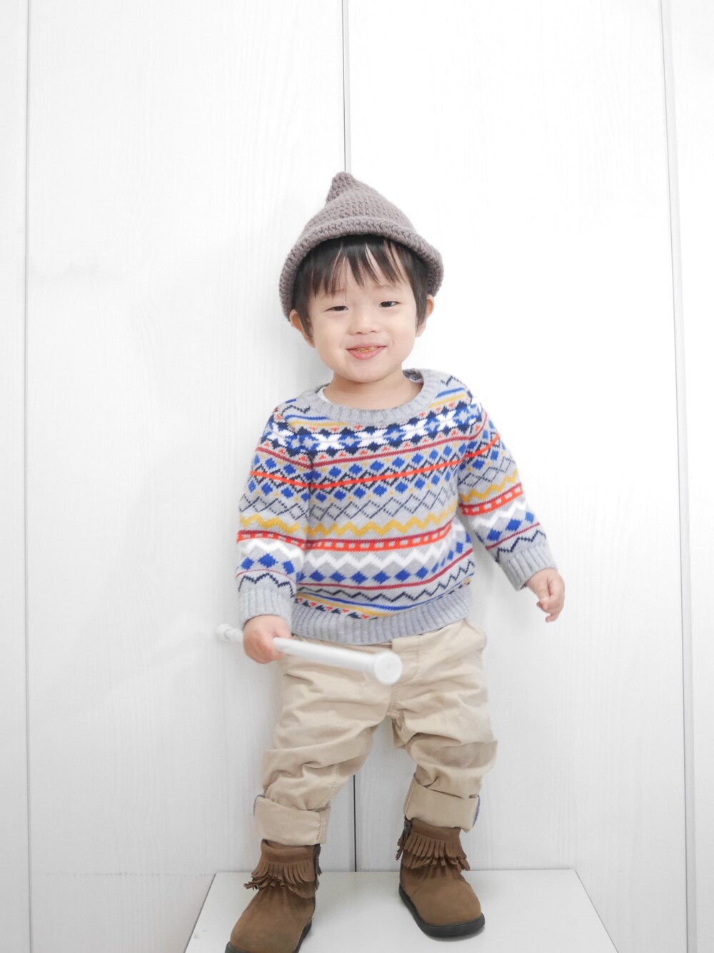 「kids、秋のコーデ、1歳、1歳4ヶ月、子供カッコイイ、yota25、リンクコーデし隊。」｜「yota25のアイテム（ニットキャップ/ビーニー、ブラウン系）」を使った、Ｋ×Ｓ˙ᵕ˙♡さん（キッズ・80cm）の秋コーディネートの1枚目の写真