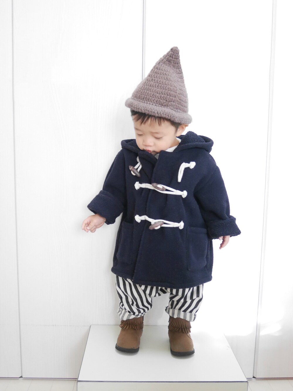 「キッズファッション、男の子、1歳、1歳4ヶ月、子供カッコイイ、リンクコーデし隊。、yota25」｜「petit mainのHUGデザイン長袖Ｔシャツ（Tシャツ/カットソー、ホワイト系）」を使った、Ｋ×Ｓ˙ᵕ˙♡さん（キッズ・80cm）の秋コーディネートの1枚目の写真