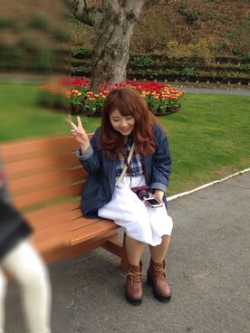 「カメラ女子」｜「アイテム（デニムジャケット）」を使った、ちーさん（レディース・147cm）の春コーディネート