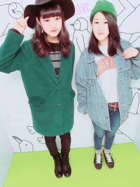 「SPINNS（スピンズ）のアイテム（チェスターコート、グリーン系）」を使った、haruさん（レディース・167cm）の冬コーディネート