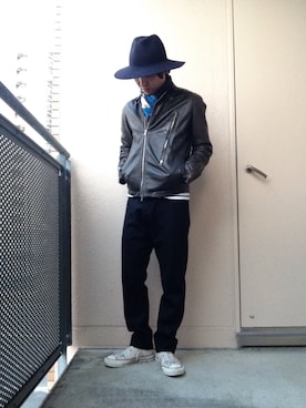 「ストレートパンツ」｜「アイテム（ライダースジャケット）」を使った、hiroさん（メンズ・170cm）の冬コーディネート