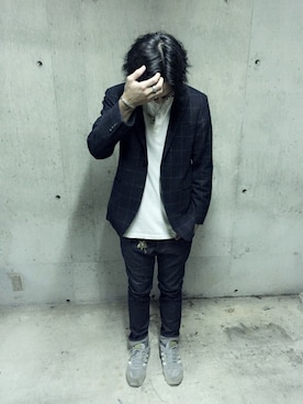 「古着のアイテム（テーラードジャケット、ブラック系）」を使った、あおいさん（メンズ）の秋コーディネート