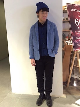 「initial（イニシャル）のアイテム（テーラードジャケット）」を使った、Playfishさん（メンズ・168cm）の冬コーディネート