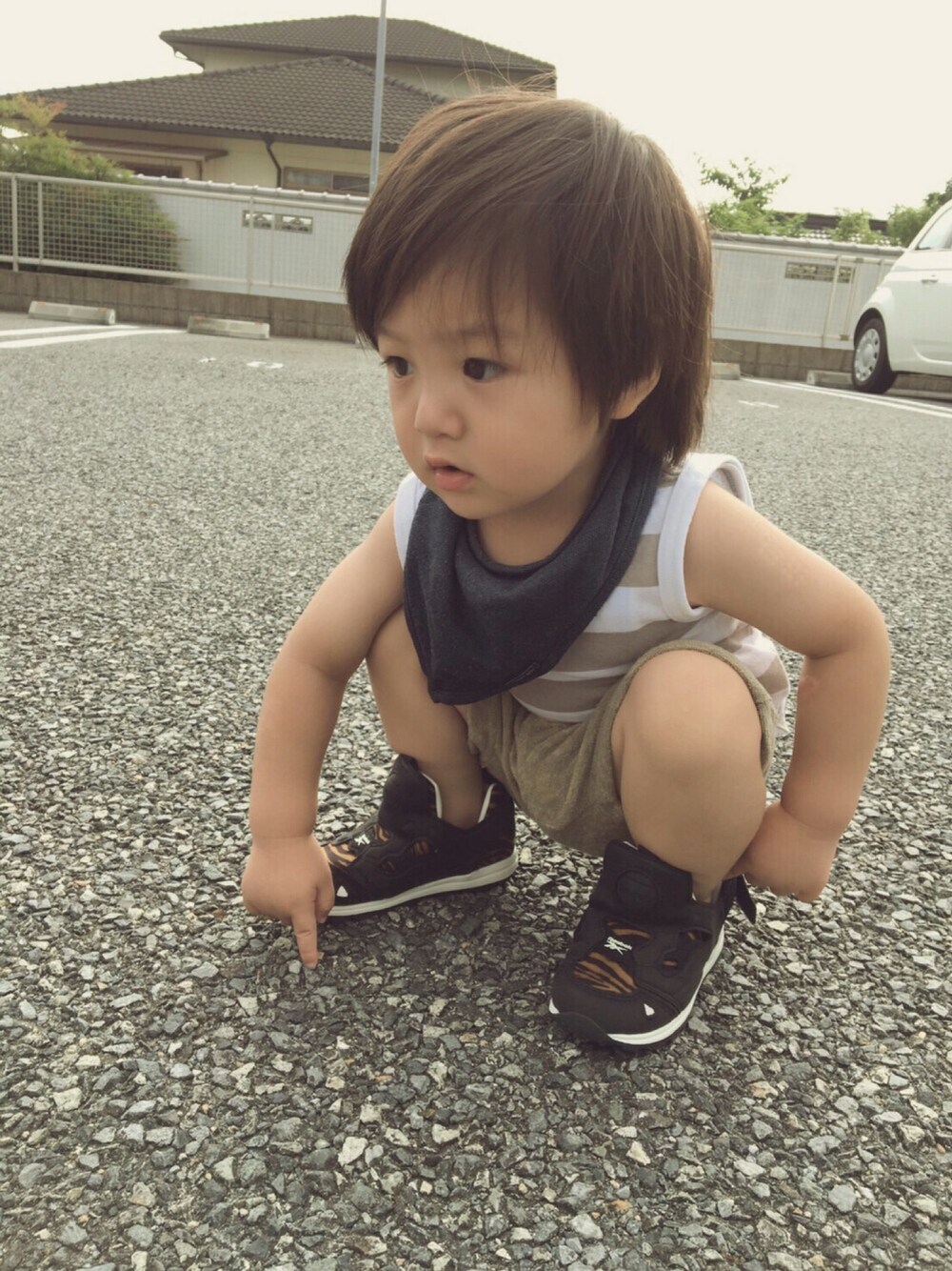 「夏、キッズファッション、ハーフパンツ、短パン、リーボック(Reebok)、タンクトップ、短」｜「quoti use fithのアイテム（タンクトップ、ベージュ系）」を使った、EMAさん（キッズ・80cm）の夏コーディネートの1枚目の写真