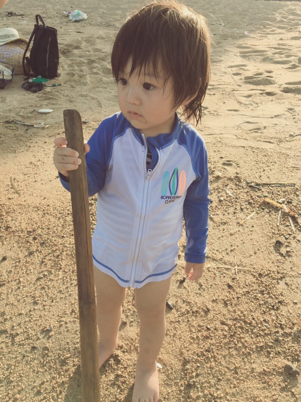 「夏コーデ、水着、kids」｜「エマ吉流ピース😉❤️のアイテム（その他、イエロー系）」を使った、EMAさん（キッズ・80cm）の夏コーディネートの1枚目の写真