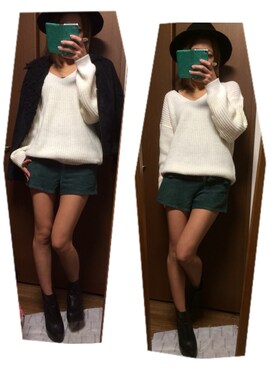 「モスグリーン」｜「アイテム（ライダースジャケット）」を使った、かなみっくすさん（レディース・155cm）の秋コーディネート