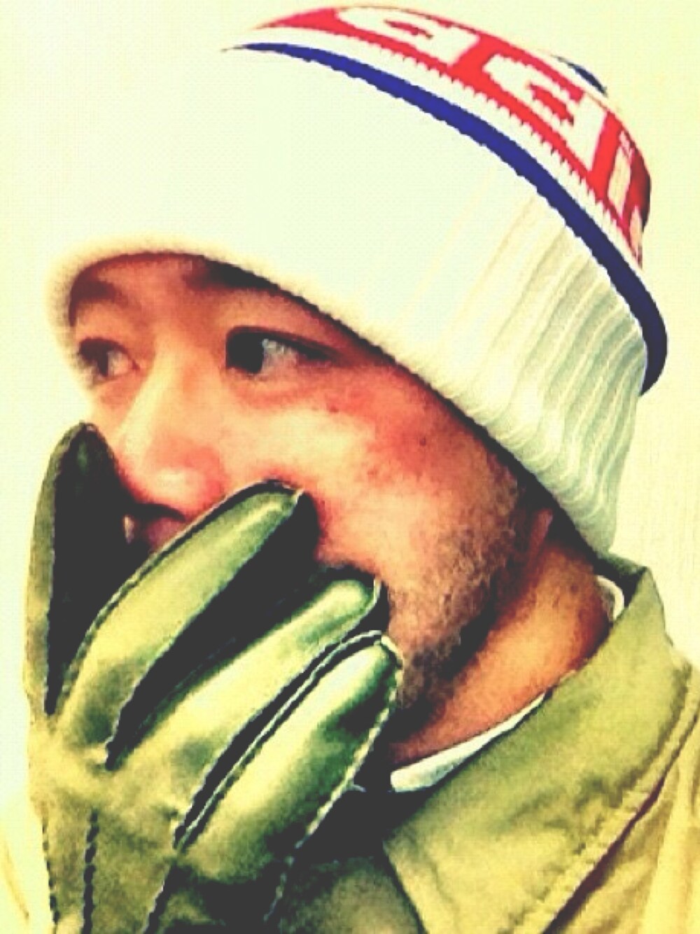 「green、winter、おっさん、冬、緑、冬コーデ」｜「adidasのアイテム（ニットキャップ/ビーニー、ホワイト系）」を使った、bigmammuthusさん（メンズ・172cm）の夏コーディネートの1枚目の写真