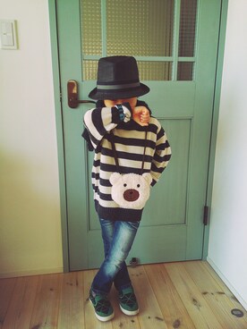 「アイテム（モカシン/デッキシューズ、グリーン系）」を使った、Riikun**さん（キッズ・110cm）の冬コーディネート