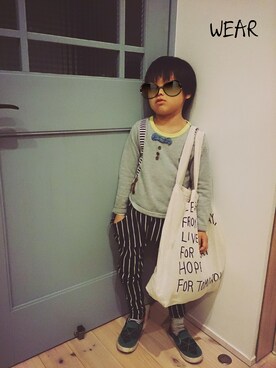 「アイテム（モカシン/デッキシューズ、グリーン系）」を使った、Riikun**さん（キッズ・110cm）の冬コーディネート