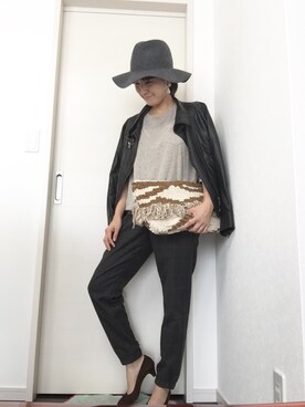 「フリンジバッグ」｜「アイテム（ライダースジャケット）」を使った、Riiisaさん（レディース・158cm）の秋コーディネート