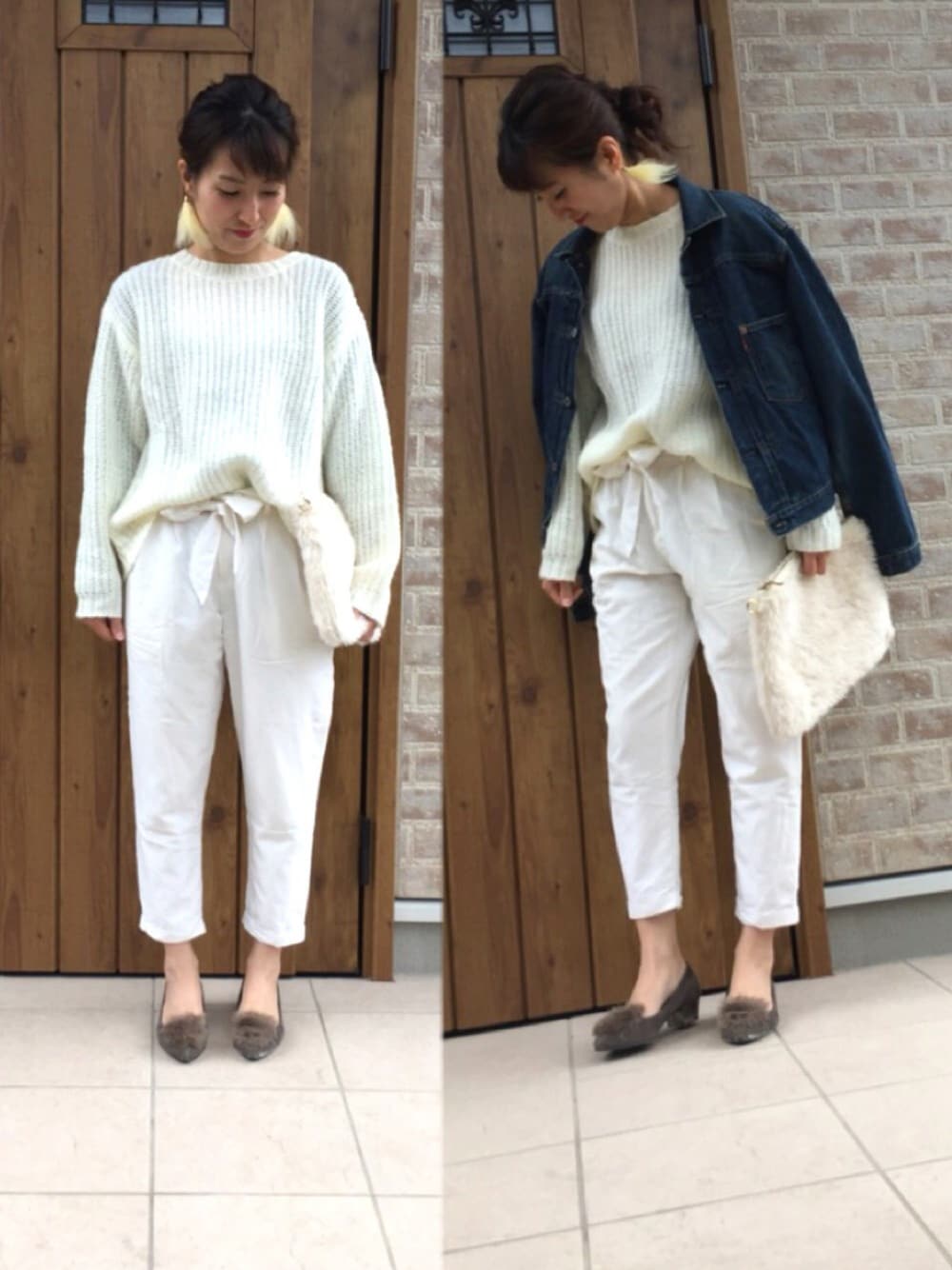 ブルー系のデニムジャケット、ホワイト系のその他パンツ、ホワイト系のクラッチバッグを着用したレディースの秋コーディネートの1枚目の写真