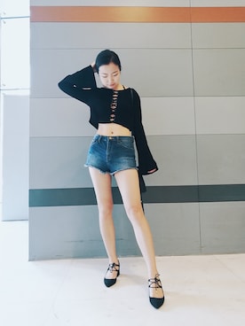 「H&M（エイチ・アンド・エム）のアイテム（ドラムバッグ）」を使った、AHuiさん（レディース・164cm）の夏コーディネート