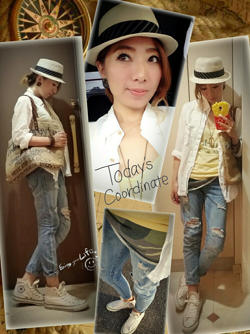 ホワイト系のシャツ/ブラウス、ベージュ系のトートバッグ、ブルー系のデニムパンツを着用したレディースの夏コーディネートの1枚目の写真