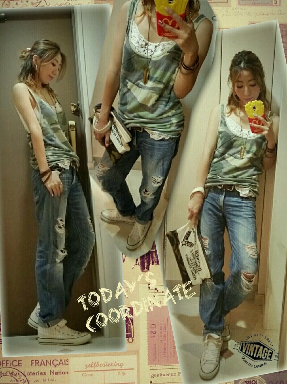 グリーン系のタンクトップ、ブルー系のデニムパンツ、ブルー系のクラッチバッグを着用したレディースの夏コーディネートの1枚目の写真