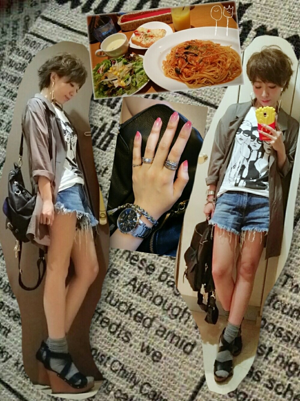 ブラック系のサンダル、グリーン系のその他アウター、ホワイト系のトップスを着用したレディースの春コーディネートの1枚目の写真