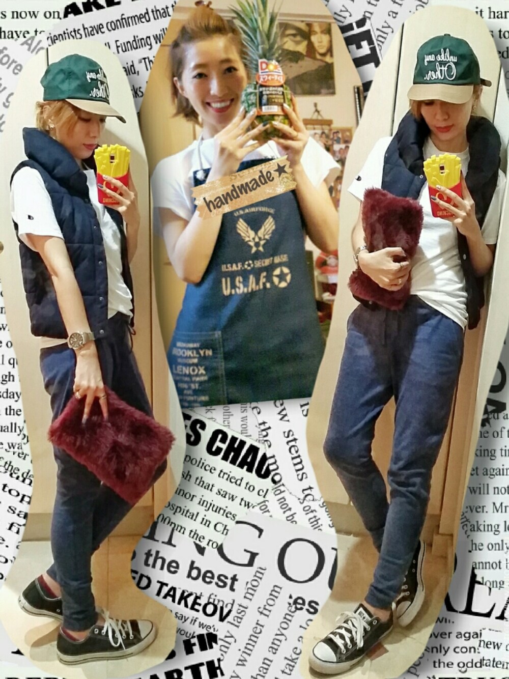 ホワイト系のTシャツ/カットソー、ブラック系のスニーカー、レッド系のクラッチバッグを着用したレディースの秋コーディネートの1枚目の写真