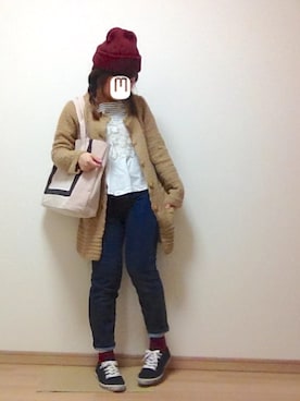 「ぺプラムトップス」｜「アイテム（ニットキャップ/ビーニー）」を使った、MＩNAさん（レディース・150cm）の秋コーディネート