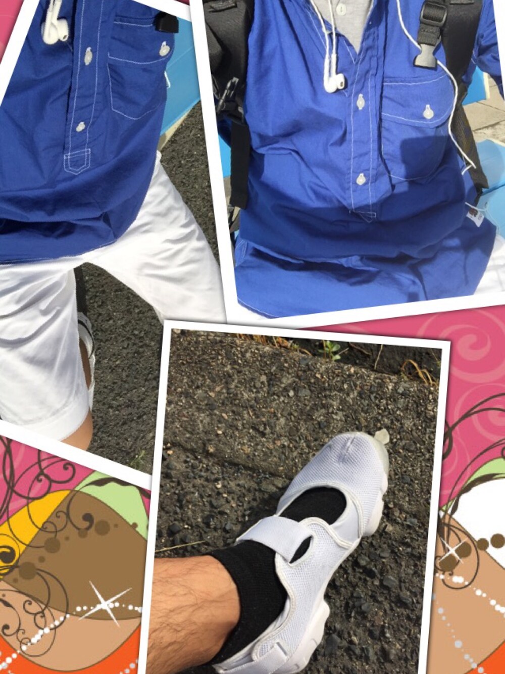 ブルー系のシャツ/ブラウス、ホワイト系のその他パンツ、グレー系のスニーカーを着用したメンズの夏コーディネートの1枚目の写真