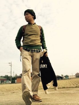 「RUGGED FACTORY（ラギッドファクトリー）のアイテム（帽子）」を使った、MAKOTO AI Kaminaさん（メンズ・171cm）の秋コーディネート